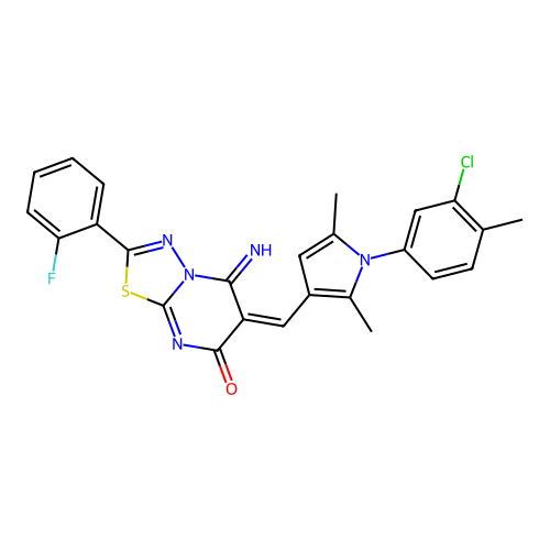 (E)-6-((1-(3-chloro-4-methylphenyl)-2,5-dimethyl-1H-pyrrol-3-yl)methylene)-2-(2-fluorophenyl)-5-imino-5H-[1,3,4]thiadiazolo[3,2-a]pyrimidin-7(6H)-one structure