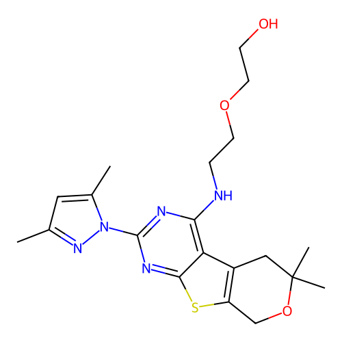 2-(2-((2-(3,5-dimethyl-1H-pyrazol-1-yl)-6,6-dimethyl-6,8-dihydro-5H-pyrano[4',3':4,5]thieno[2,3-d]pyrimidin-4-yl)amino)ethoxy)ethanol structure