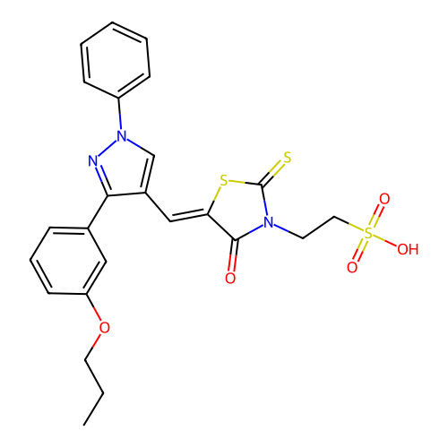2-[(5Z)-4-oxo-5-{[1-phenyl-3-(3-propoxyphenyl)-1H-pyrazol-4-yl]methylidene}-2-thioxo-1,3-thiazolidin-3-yl]ethanesulfonic acid structure