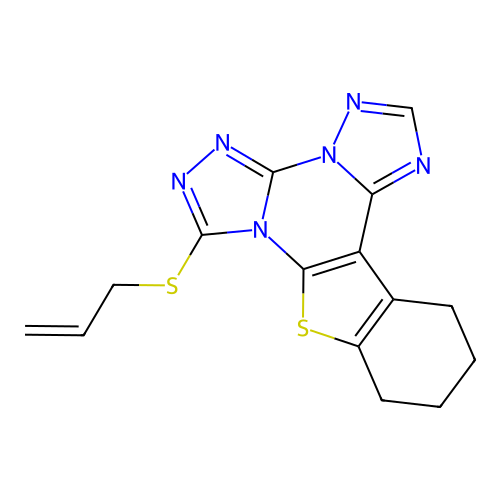 7-(allylthio)-10,11,12,13-tetrahydrobenzo[4,5]thieno[3,2-e]bis([1,2,4]triazolo)[4,3-a:1',5'-c]pyrimidine structure