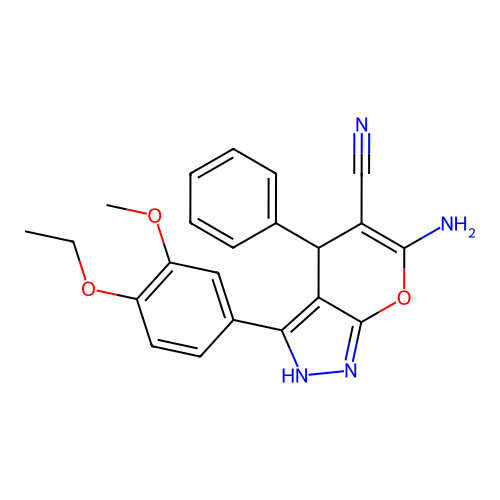 6-amino-3-(4-ethoxy-3-methoxyphenyl)-4-phenyl-2,4-dihydropyrano[2,3-c]pyrazole-5-carbonitrile structure