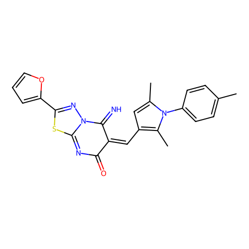 (E)-6-((2,5-dimethyl-1-(p-tolyl)-1H-pyrrol-3-yl)methylene)-2-(furan-2-yl)-5-imino-5H-[1,3,4]thiadiazolo[3,2-a]pyrimidin-7(6H)-one structure