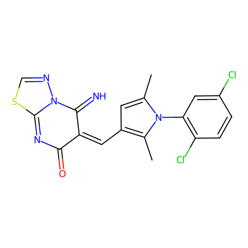 (E)-6-((1-(2,5-dichlorophenyl)-2,5-dimethyl-1H-pyrrol-3-yl)methylene)-5-imino-5H-[1,3,4]thiadiazolo[3,2-a]pyrimidin-7(6H)-one structure