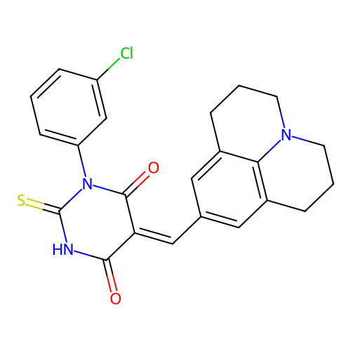 (Z)-1-(3-chlorophenyl)-5-((1,2,3,5,6,7-hexahydropyrido[3,2,1-ij]quinolin-9-yl)methylene)-2-thioxodihydropyrimidine-4,6(1H,5H)-dione structure