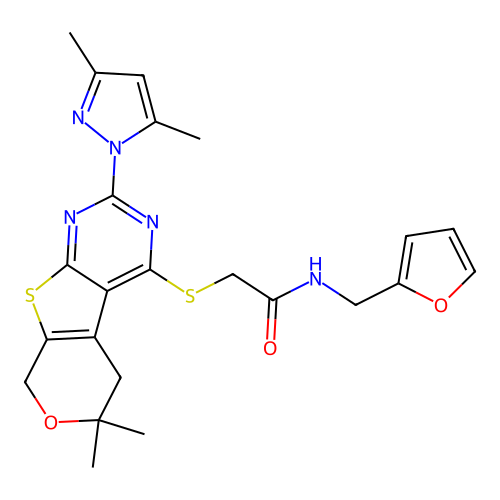 2-((2-(3,5-dimethyl-1H-pyrazol-1-yl)-6,6-dimethyl-6,8-dihydro-5H-pyrano[4',3':4,5]thieno[2,3-d]pyrimidin-4-yl)thio)-N-(furan-2-ylmethyl)acetamide structure