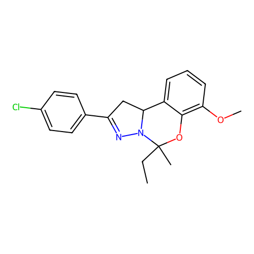 2-(4-chlorophenyl)-5-ethyl-7-methoxy-5-methyl-1,10b-dihydropyrazolo[1,5-c][1,3]benzoxazine structure