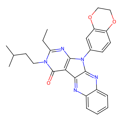 11-(2,3-dihydro-1,4-benzodioxin-6-yl)-2-ethyl-3-(3-methylbutyl)-3,11-dihydro-4H-pyrimido[5',4':4,5]pyrrolo[2,3-b]quinoxalin-4-one structure