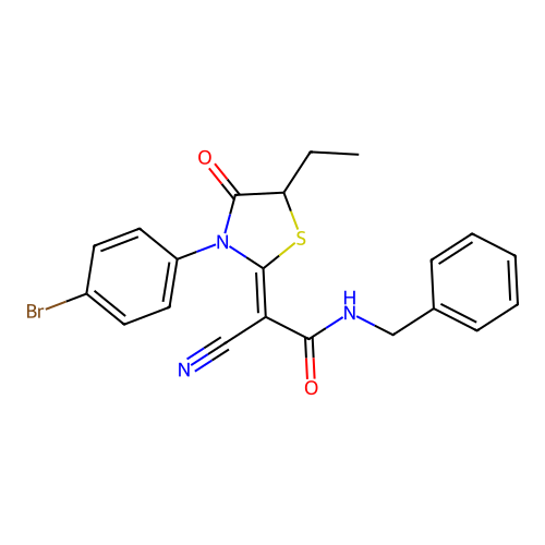 N-benzyl-2-[3-(4-bromophenyl)-5-ethyl-4-oxo-1,3-thiazolidin-2-ylidene]-2-cyanoacetamide structure