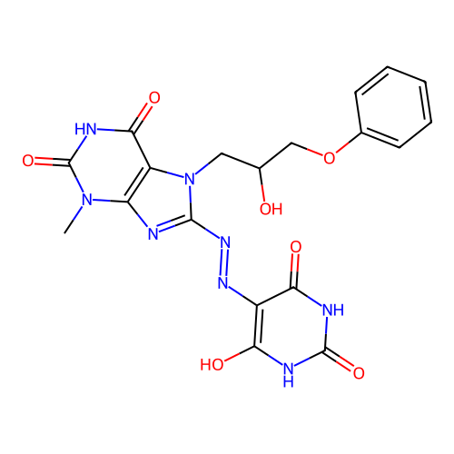5-(2-(7-(2-hydroxy-3-phenoxypropyl)-3-methyl-2,6-dioxo-2,3,6,7-tetrahydro-1H-purin-8-yl)hydrazono)pyrimidine-2,4,6(1H,3H,5H)-trione structure