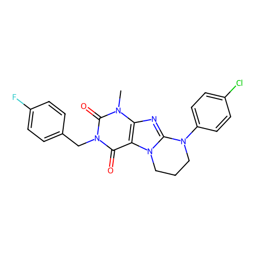 9-(4-chlorophenyl)-3-(4-fluorobenzyl)-1-methyl-6,7,8,9-tetrahydropyrimido[2,1-f]purine-2,4(1H,3H)-dione structure
