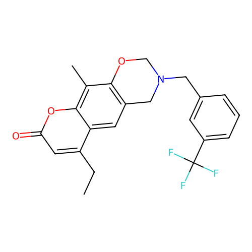 6-ethyl-10-methyl-3-(3-(trifluoromethyl)benzyl)-3,4-dihydrochromeno[6,7-e][1,3]oxazin-8(2H)-one structure