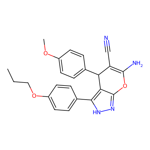 6-amino-4-(4-methoxyphenyl)-3-(4-propoxyphenyl)-2,4-dihydropyrano[2,3-c]pyrazole-5-carbonitrile structure