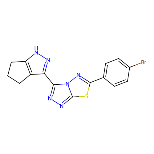 6-(4-bromophenyl)-3-(1,4,5,6-tetrahydrocyclopenta[c]pyrazol-3-yl)-[1,2,4]triazolo[3,4-b][1,3,4]thiadiazole structure