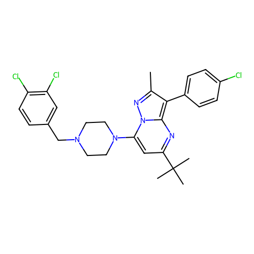 5-tert-butyl-3-(4-chlorophenyl)-7-[4-(3,4-dichlorobenzyl)piperazin-1-yl]-2-methylpyrazolo[1,5-a]pyrimidine structure