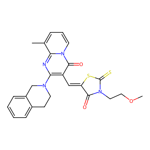 2-(3,4-dihydroisoquinolin-2(1H)-yl)-3-{(Z)-[3-(2-methoxyethyl)-4-oxo-2-thioxo-1,3-thiazolidin-5-ylidene]methyl}-9-methyl-4H-pyrido[1,2-a]pyrimidin-4-one structure