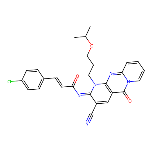 (2E)-3-(4-chlorophenyl)-N-{(2E)-3-cyano-5-oxo-1-[3-(propan-2-yloxy)propyl]-1,5-dihydro-2H-dipyrido[1,2-a:2',3'-d]pyrimidin-2-ylidene}prop-2-enamide structure