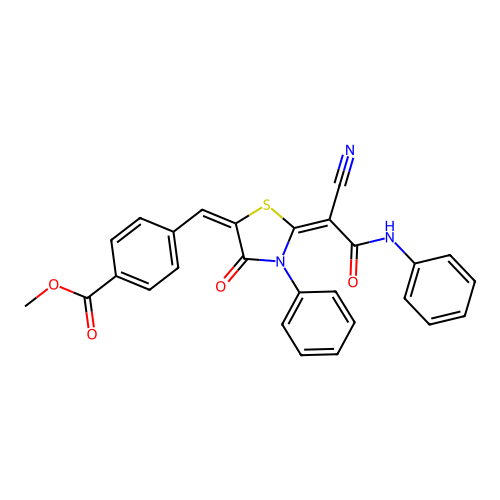 methyl 4-((E)-((E)-2-(1-cyano-2-oxo-2-(phenylamino)ethylidene)-4-oxo-3-phenylthiazolidin-5-ylidene)methyl)benzoate structure