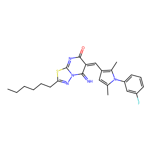 (6E)-6-[[1-(3-fluorophenyl)-2,5-dimethylpyrrol-3-yl]methylidene]-2-hexyl-5-imino-[1,3,4]thiadiazolo[3,2-a]pyrimidin-7-one structure