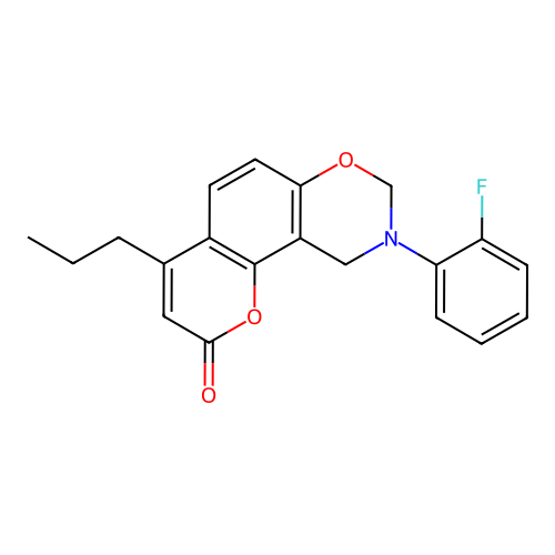 9-(2-fluorophenyl)-4-propyl-9,10-dihydro-2H,8H-chromeno[8,7-e][1,3]oxazin-2-one structure
