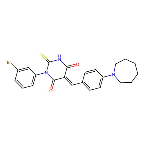 (5E)-5-[[4-(azepan-1-yl)phenyl]methylidene]-1-(3-bromophenyl)-2-sulfanylidene-1,3-diazinane-4,6-dione structure