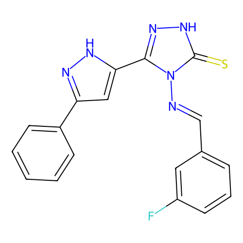 (E)-4-((3-fluorobenzylidene)amino)-5-(3-phenyl-1H-pyrazol-5-yl)-4H-1,2,4-triazole-3-thiol structure