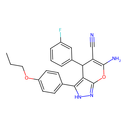 6-amino-4-(3-fluorophenyl)-3-(4-propoxyphenyl)-2,4-dihydropyrano[2,3-c]pyrazole-5-carbonitrile structure