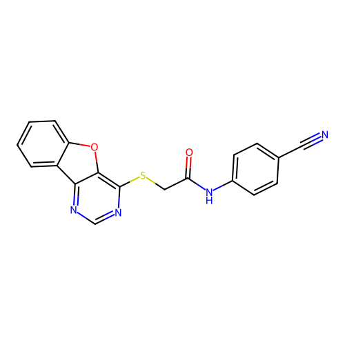 2-([1]benzofuro[3,2-d]pyrimidin-4-ylsulfanyl)-N-(4-cyanophenyl)acetamide structure