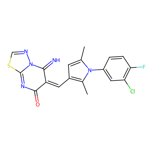 (E)-6-((1-(3-chloro-4-fluorophenyl)-2,5-dimethyl-1H-pyrrol-3-yl)methylene)-5-imino-5H-[1,3,4]thiadiazolo[3,2-a]pyrimidin-7(6H)-one structure