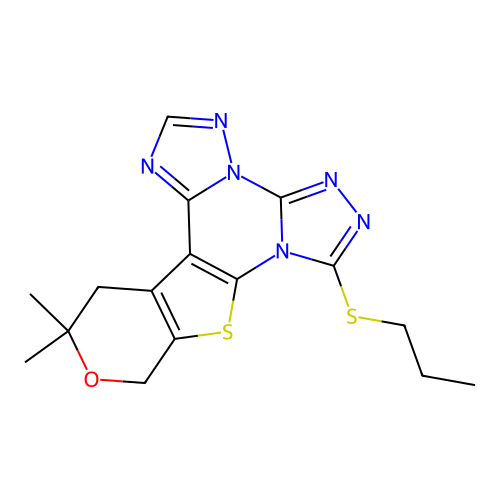 12,12-dimethyl-7-(propylsulfanyl)-12,13-dihydro-10H-pyrano[4',3':4,5]thieno[3,2-e]bis[1,2,4]triazolo[4,3-a:1',5'-c]pyrimidine structure