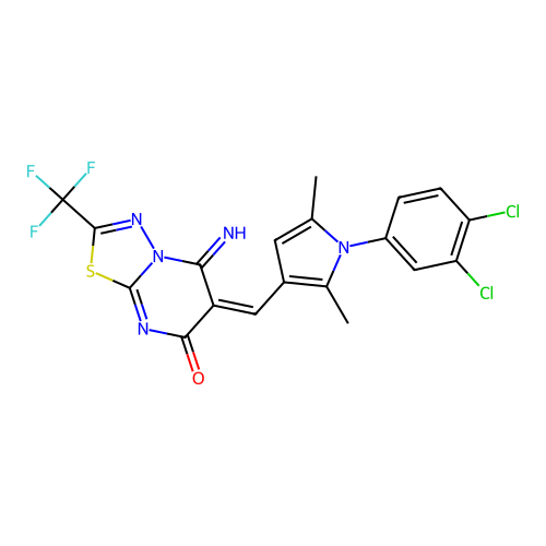 (E)-6-((1-(3,4-dichlorophenyl)-2,5-dimethyl-1H-pyrrol-3-yl)methylene)-5-imino-2-(trifluoromethyl)-5H-[1,3,4]thiadiazolo[3,2-a]pyrimidin-7(6H)-one structure
