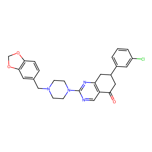 2-[4-(1,3-benzodioxol-5-ylmethyl)piperazin-1-yl]-7-(3-chlorophenyl)-7,8-dihydroquinazolin-5(6H)-one structure