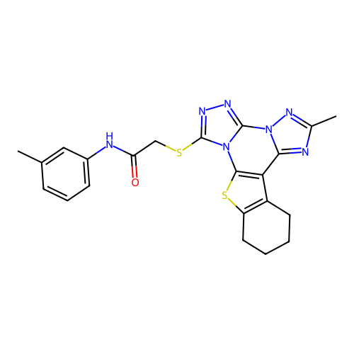 2-((2-methyl-10,11,12,13-tetrahydrobenzo[4,5]thieno[3,2-e]bis([1,2,4]triazolo)[4,3-a:1',5'-c]pyrimidin-7-yl)thio)-N-(m-tolyl)acetamide structure