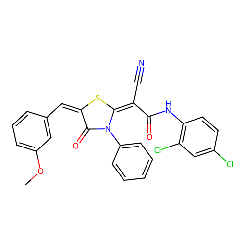 (2E)-2-cyano-N-(2,4-dichlorophenyl)-2-[(5E)-5-(3-methoxybenzylidene)-4-oxo-3-phenyl-1,3-thiazolidin-2-ylidene]ethanamide structure