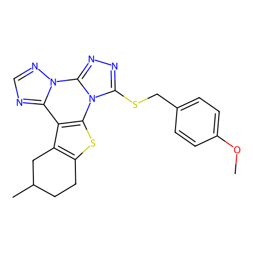 7-((4-methoxybenzyl)thio)-12-methyl-10,11,12,13-tetrahydrobenzo[4,5]thieno[3,2-e]bis([1,2,4]triazolo)[4,3-a:1',5'-c]pyrimidine structure