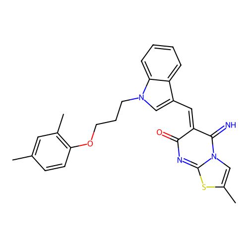 (6Z)-6-({1-[3-(2,4-dimethylphenoxy)propyl]-1H-indol-3-yl}methylidene)-5-imino-2-methyl-5,6-dihydro-7H-[1,3]thiazolo[3,2-a]pyrimidin-7-one structure