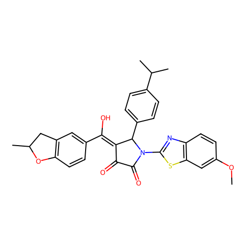 (4E)-4-[hydroxy(2-methyl-2,3-dihydro-1-benzofuran-5-yl)methylidene]-1-(6-methoxy-1,3-benzothiazol-2-yl)-5-[4-(propan-2-yl)phenyl]pyrrolidine-2,3-dione structure