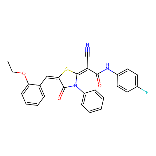 (2E)-2-cyano-2-[(5E)-5-(2-ethoxybenzylidene)-4-oxo-3-phenyl-1,3-thiazolidin-2-ylidene]-N-(4-fluorophenyl)ethanamide structure