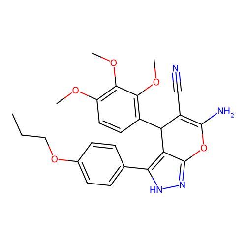 6-amino-3-(4-propoxyphenyl)-4-(2,3,4-trimethoxyphenyl)-2,4-dihydropyrano[2,3-c]pyrazole-5-carbonitrile structure