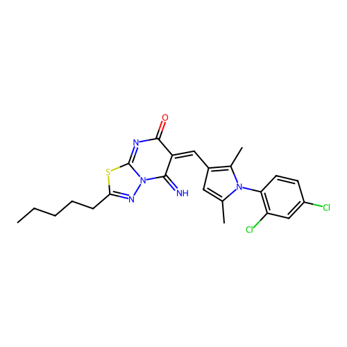 (6E)-6-[[1-(2,4-dichlorophenyl)-2,5-dimethylpyrrol-3-yl]methylidene]-5-imino-2-pentyl-[1,3,4]thiadiazolo[3,2-a]pyrimidin-7-one structure