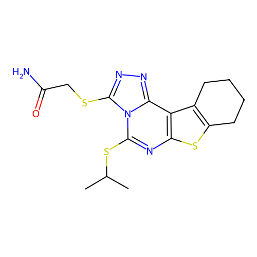 2-((5-(isopropylthio)-8,9,10,11-tetrahydrobenzo[4,5]thieno[3,2-e][1,2,4]triazolo[4,3-c]pyrimidin-3-yl)thio)acetamide structure