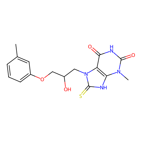 7-(2-hydroxy-3-(m-tolyloxy)propyl)-8-mercapto-3-methyl-1H-purine-2,6(3H,7H)-dione structure
