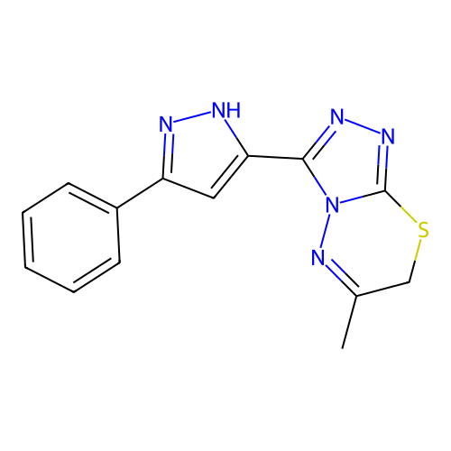 6-methyl-3-(3-phenyl-1H-pyrazol-5-yl)-7H-[1,2,4]triazolo[3,4-b][1,3,4]thiadiazine structure