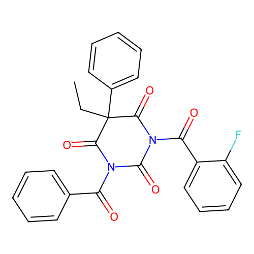1-benzoyl-5-ethyl-3-(2-fluorobenzoyl)-5-phenyl-1,3-diazinane-2,4,6-trione structure