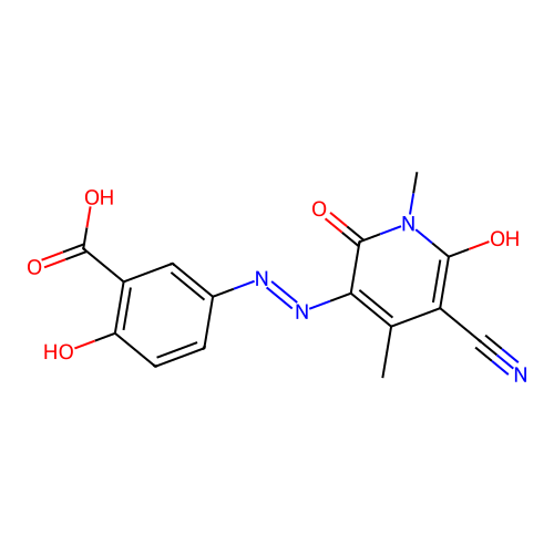 5-[2-(5-cyano-1,4-dimethyl-2,6-dioxo-pyridin-3-ylidene)hydrazinyl]-2-hydroxy-benzoic Acid structure