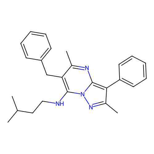 6-benzyl-2,5-dimethyl-N-(3-methylbutyl)-3-phenylpyrazolo[1,5-a]pyrimidin-7-amine structure