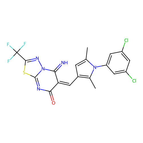 (E)-6-((1-(3,5-dichlorophenyl)-2,5-dimethyl-1H-pyrrol-3-yl)methylene)-5-imino-2-(trifluoromethyl)-5H-[1,3,4]thiadiazolo[3,2-a]pyrimidin-7(6H)-one structure