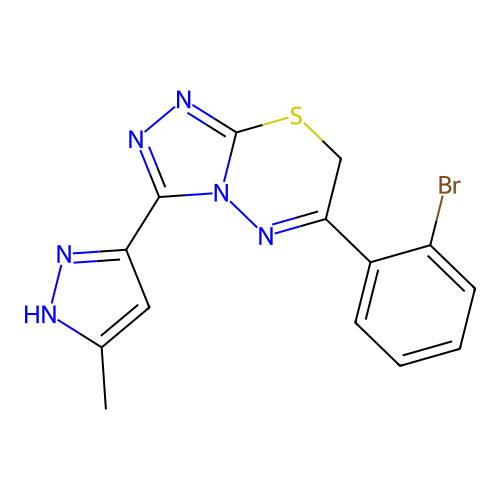 6-(2-bromophenyl)-3-(5-methyl-1H-pyrazol-3-yl)-7H-[1,2,4]triazolo[3,4-b][1,3,4]thiadiazine structure