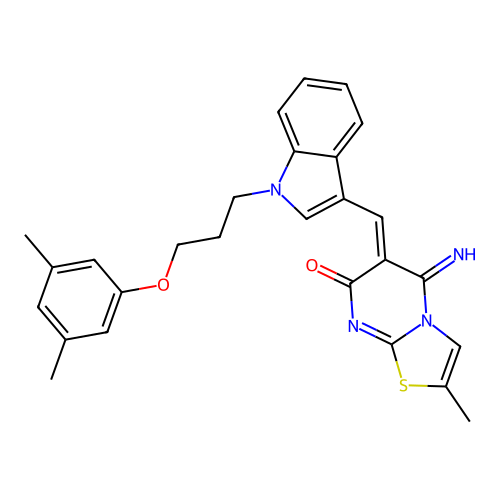 (6Z)-6-({1-[3-(3,5-dimethylphenoxy)propyl]-1H-indol-3-yl}methylidene)-5-imino-2-methyl-5,6-dihydro-7H-[1,3]thiazolo[3,2-a]pyrimidin-7-one structure