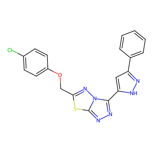 4-chloro-1-{[3-(3-phenylpyrazol-5-yl)(1,2,4-triazolo[3,4-b]1,3,4-thiadiazolin- 6-yl)]methoxy}benzene structure