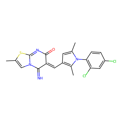 (6Z)-6-[[1-(2,4-dichlorophenyl)-2,5-dimethylpyrrol-3-yl]methylidene]-5-imino-2-methyl-[1,3]thiazolo[3,2-a]pyrimidin-7-one structure